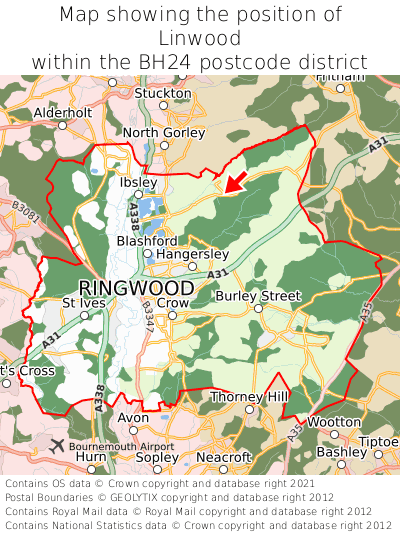 Map showing location of Linwood within BH24