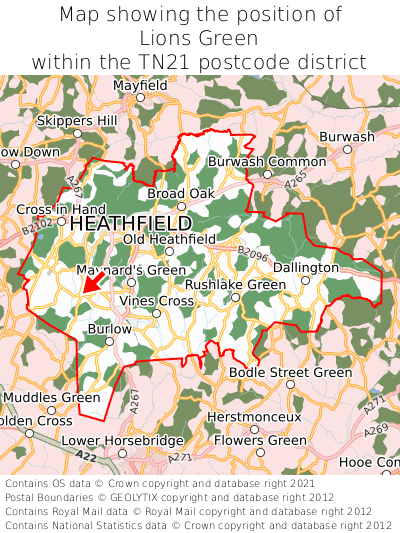 Map showing location of Lions Green within TN21