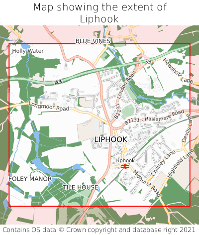 Map showing extent of Liphook as bounding box