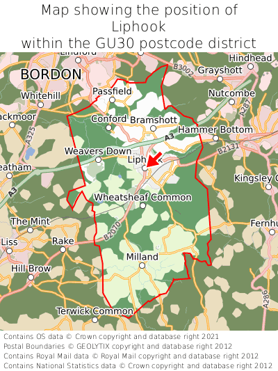 Map showing location of Liphook within GU30
