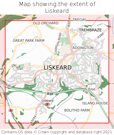 Map showing extent of Liskeard as bounding box