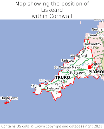Map showing location of Liskeard within Cornwall