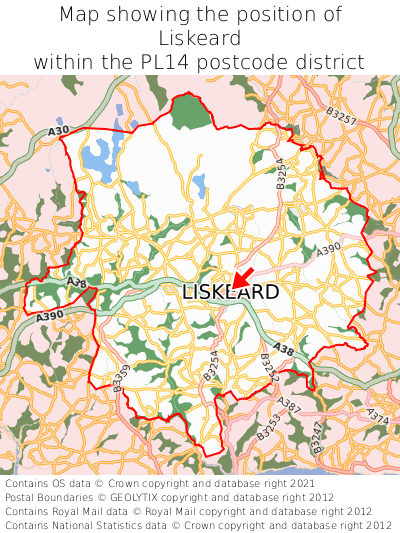 Map showing location of Liskeard within PL14