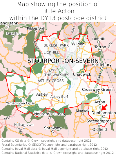 Map showing location of Little Acton within DY13