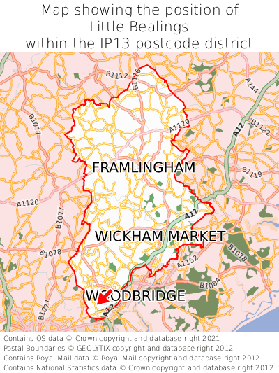 Map showing location of Little Bealings within IP13