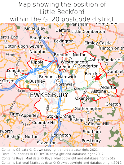 Map showing location of Little Beckford within GL20