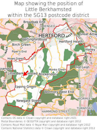 Map showing location of Little Berkhamsted within SG13
