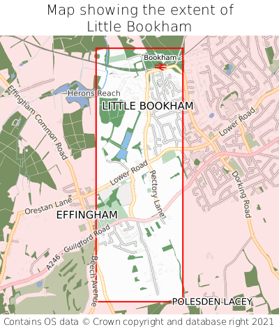 Map showing extent of Little Bookham as bounding box