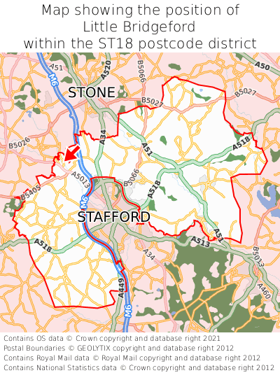 Map showing location of Little Bridgeford within ST18