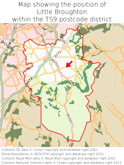 Map showing location of Little Broughton within TS9