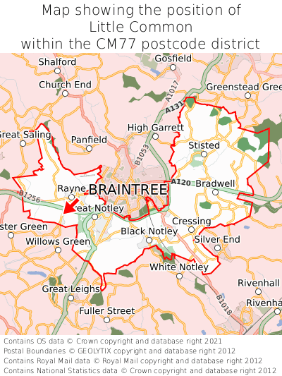 Map showing location of Little Common within CM77