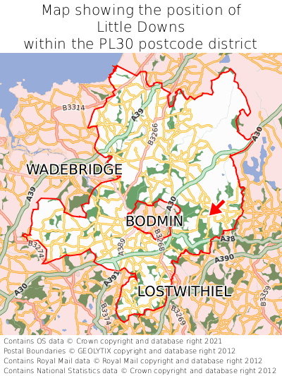 Map showing location of Little Downs within PL30