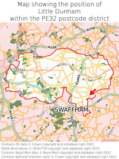 Map showing location of Little Dunham within PE32