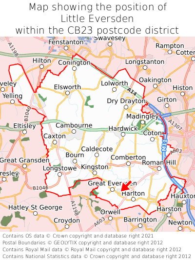 Map showing location of Little Eversden within CB23