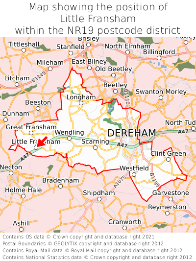 Map showing location of Little Fransham within NR19