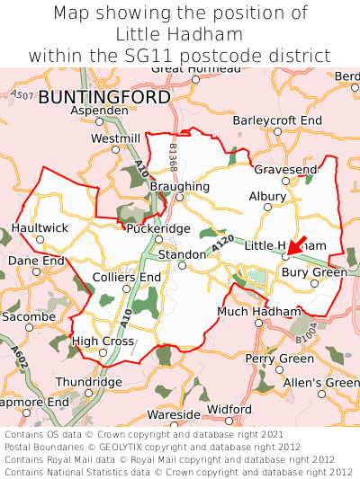 Map showing location of Little Hadham within SG11
