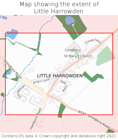 Map showing extent of Little Harrowden as bounding box