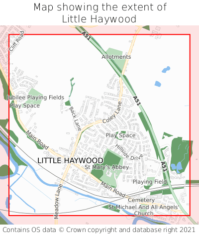 Map showing extent of Little Haywood as bounding box