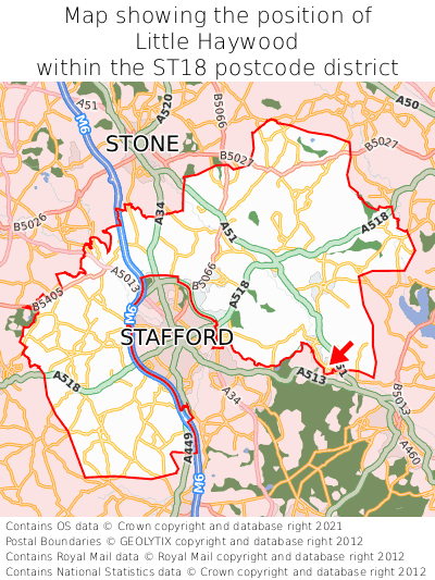 Map showing location of Little Haywood within ST18