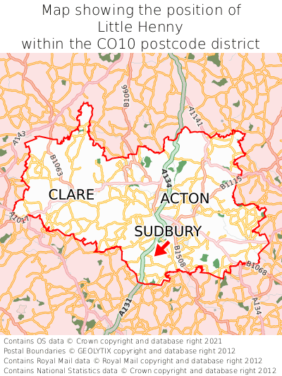 Map showing location of Little Henny within CO10