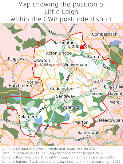 Map showing location of Little Leigh within CW8