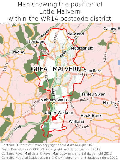 Map showing location of Little Malvern within WR14