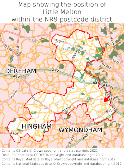 Map showing location of Little Melton within NR9