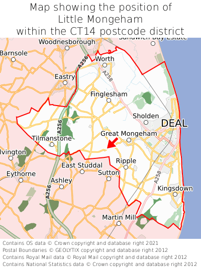 Map showing location of Little Mongeham within CT14