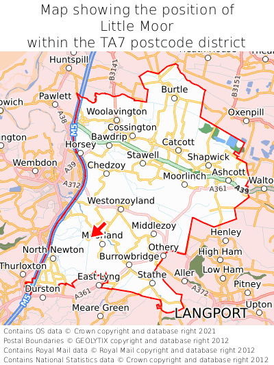 Map showing location of Little Moor within TA7