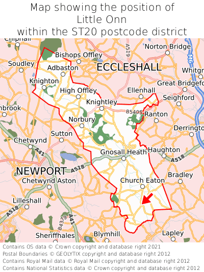 Map showing location of Little Onn within ST20
