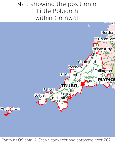 Map showing location of Little Polgooth within Cornwall