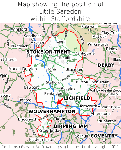 Map showing location of Little Saredon within Staffordshire