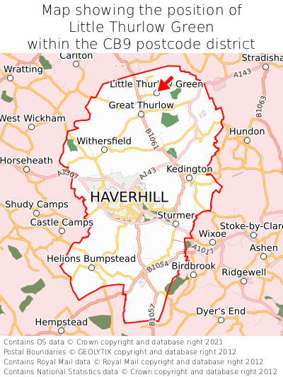 Map showing location of Little Thurlow Green within CB9
