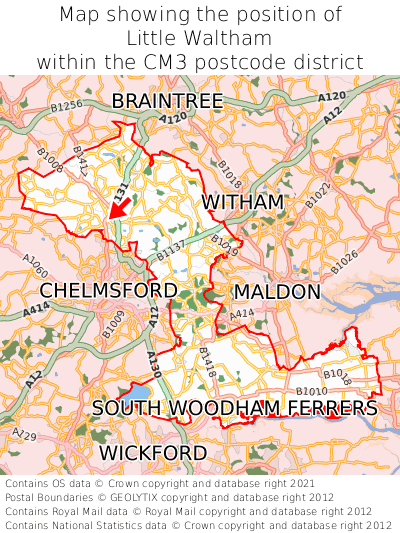 Map showing location of Little Waltham within CM3