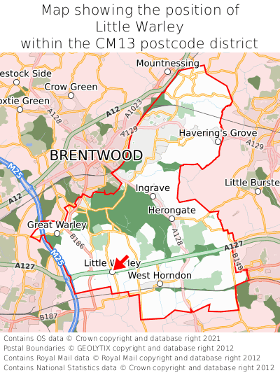 Map showing location of Little Warley within CM13