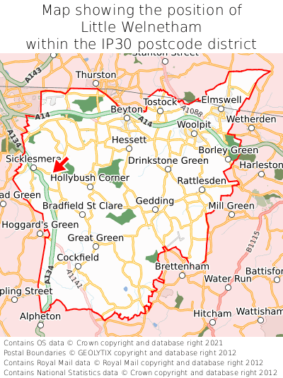 Map showing location of Little Welnetham within IP30