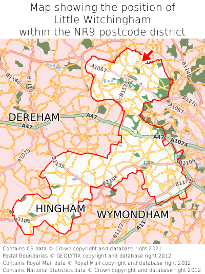 Map showing location of Little Witchingham within NR9