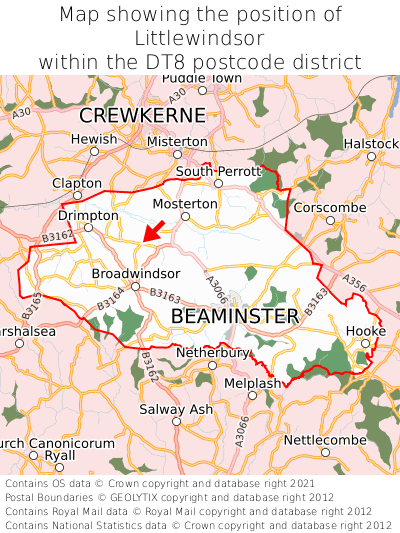 Map showing location of Littlewindsor within DT8