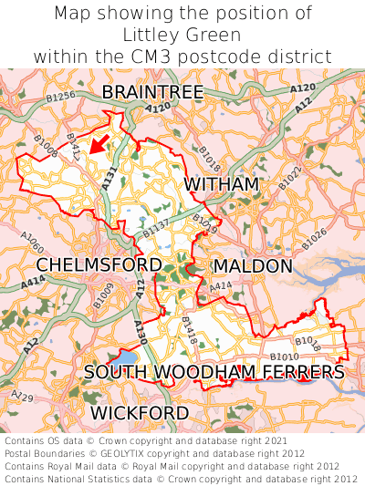 Map showing location of Littley Green within CM3