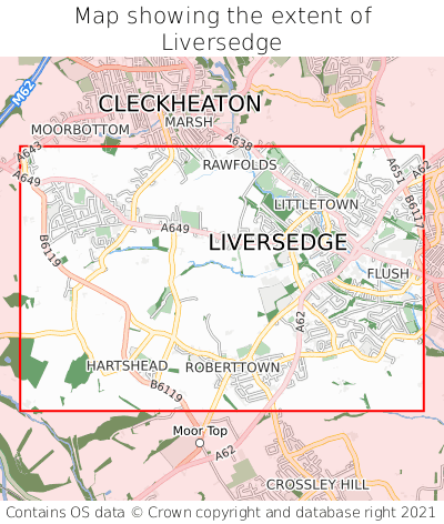 Map showing extent of Liversedge as bounding box
