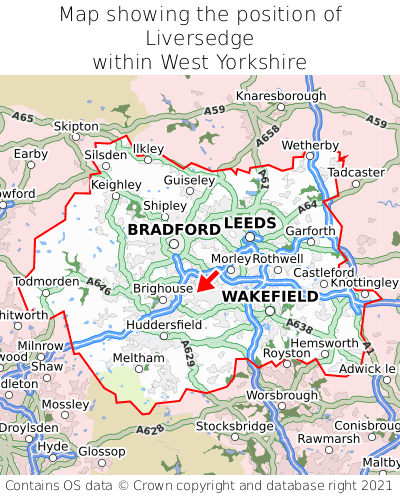 Map showing location of Liversedge within West Yorkshire