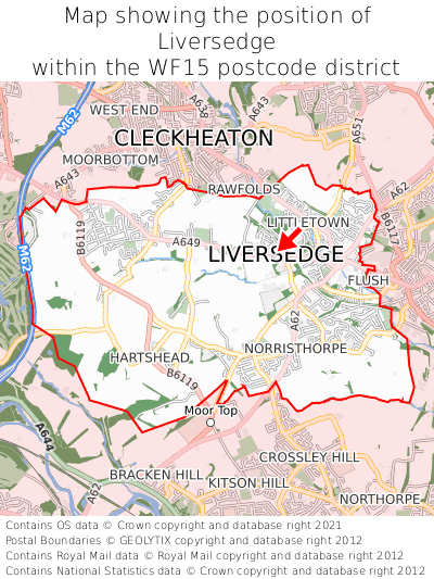 Map showing location of Liversedge within WF15