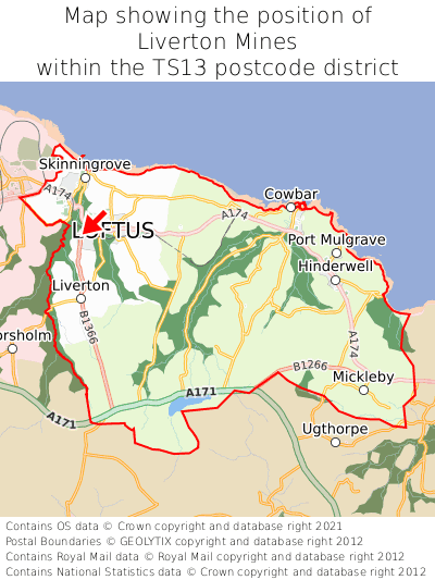 Map showing location of Liverton Mines within TS13