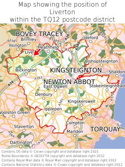 Map showing location of Liverton within TQ12