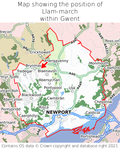 Map showing location of Llam-march within Gwent