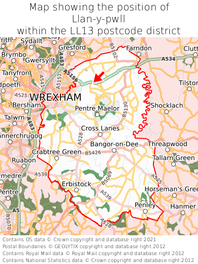 Map showing location of Llan-y-pwll within LL13