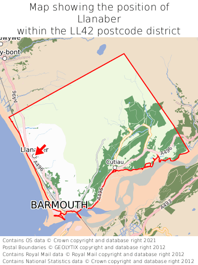 Map showing location of Llanaber within LL42