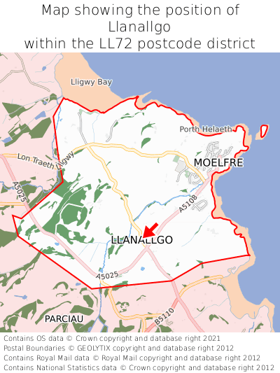 Map showing location of Llanallgo within LL72
