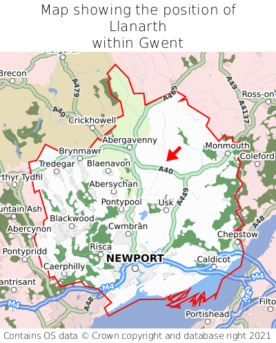 Map showing location of Llanarth within Gwent