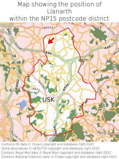 Map showing location of Llanarth within NP15